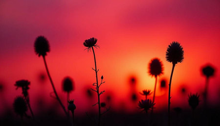 Silhouette of thistles at sunset, close-upの写真素材