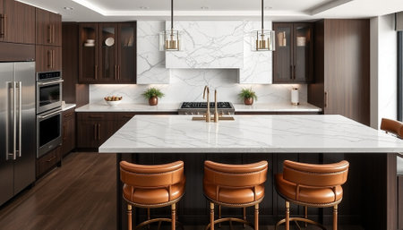 3d render of modern kitchen in a luxury house with white marble