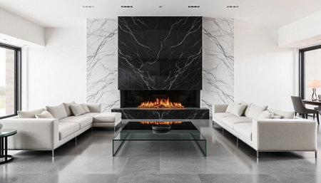 Modern black and white living room interior with fireplace. 3d renderingの写真素材