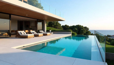 Swimming pool with sun loungers in a modern villa