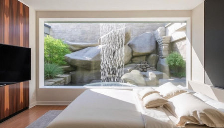 Luxury bedroom with a large window overlooking the garden. Nobody insideの写真素材