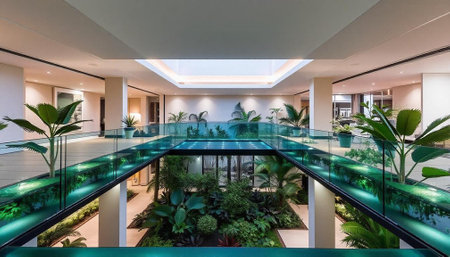 Interior of a modern hotel, swimming pool and terrace.の写真素材