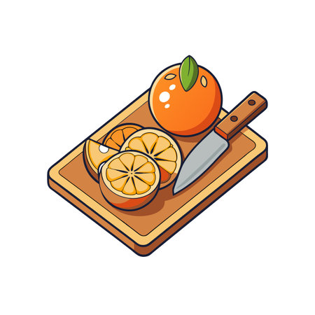 Cartoon Orange Slices and Knife on Cutting Boardのイラスト素材