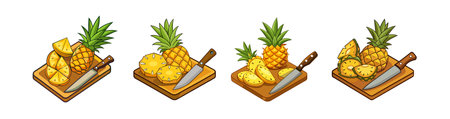 Cartoon Pineapple and Sliced Orange on Cutting Boardのイラスト素材