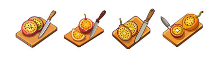 Passion Fruit Slices on Cutting Board with Knifeのイラスト素材