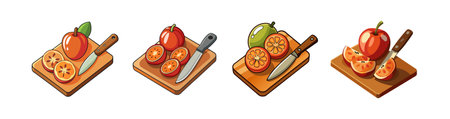 Set of cut fruits on cutting board. Vector illustration in cartoon style.のイラスト素材