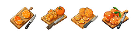 Sliced oranges with knife on wooden cutting boardのイラスト素材