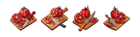 Cartoon Pomegranate with Knife on Wooden Cutting Boardのイラスト素材