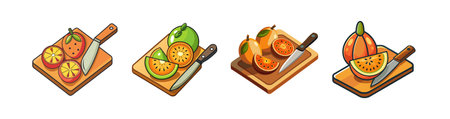 Strawberry, Orange, and Knife on Cutting Board Illustrationのイラスト素材