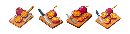 Passion fruit on cutting board with knife cartoonのイラスト素材