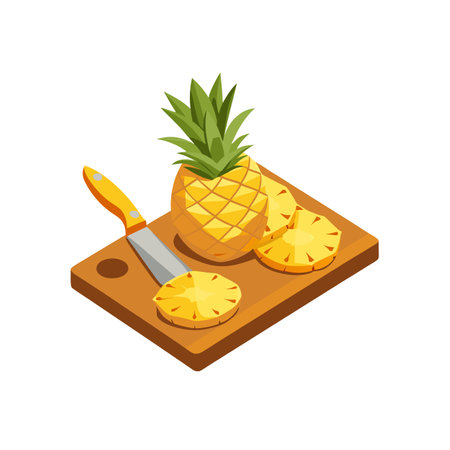 Fresh Pineapple Slices on Cutting Board with Knifeのイラスト素材