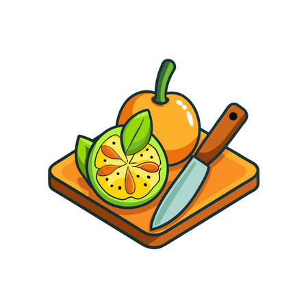 Illustration of feijoa fruit and knife on chopping boardのイラスト素材