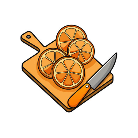Sliced oranges on a cutting board, knife nearbyのイラスト素材