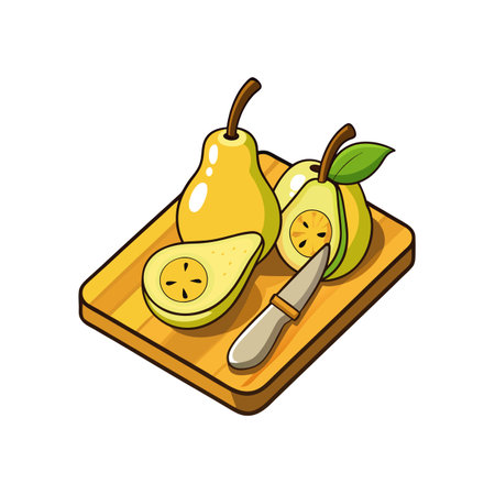 Cartoon pears on a cutting board with knifeのイラスト素材