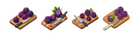 Isometric Blackberries on Wood Cutting Board with Knifeのイラスト素材
