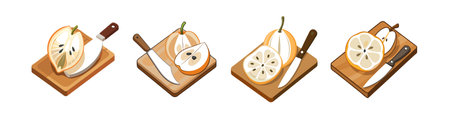 Isometric Apple Slice on Cutting Board with Knifeのイラスト素材