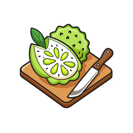 Cartoon Soursop Fruit with Knife on Cutting Boardのイラスト素材