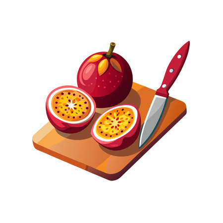 Passion Fruit with Knife on Cutting Board Vector Illustrationのイラスト素材