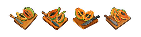 Sliced Papaya on a Cutting Board Cartoon Illustrationのイラスト素材