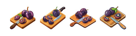 Fresh plums on wooden cutting board, ready to eatのイラスト素材