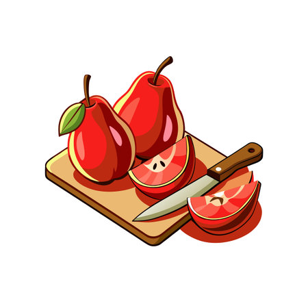 Red pears on a cutting board and a knife. Vector illustrationのイラスト素材