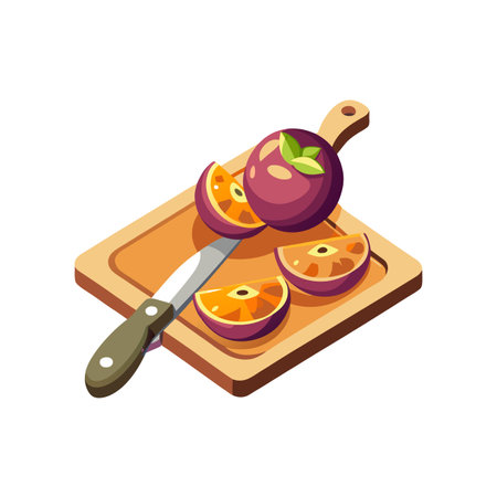 Stylized Mangosteen Cutting Board Illustration with Knifeのイラスト素材