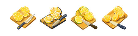 Sliced Lemons with Knife on Wooden Cutting Boardのイラスト素材