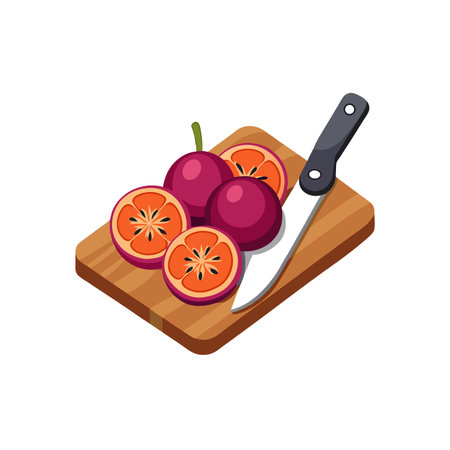 Passion Fruit Sliced on Wooden Cutting Board with Knifeのイラスト素材