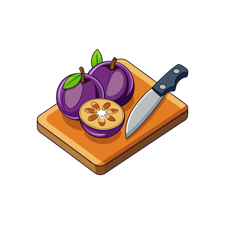 Star apples on cutting board with knife cartoonのイラスト素材