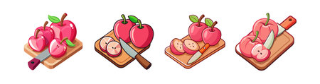 Vibrant Apple Slice Illustration on Wooden Cutting Boardのイラスト素材