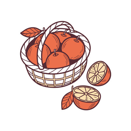 Orange Harvest: Basket of Fruit with Sliced Orangesのイラスト素材