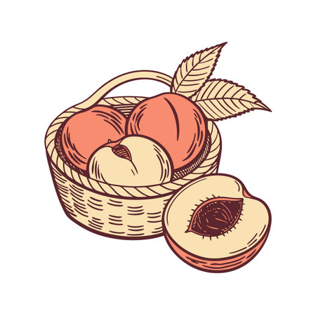 Peaches in a Basket Illustration, Fruit Still Lifeのイラスト素材