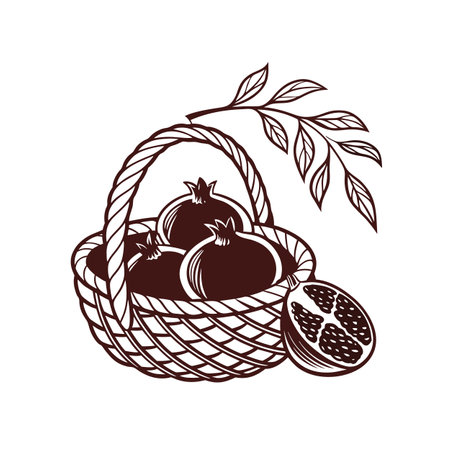 Pomegranate Harvest in Basket, Elegant Outline Vector Illustrationのイラスト素材