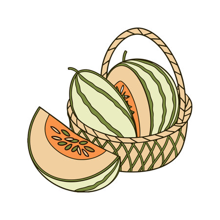 Cantaloupe melons in basket with slice, flat designのイラスト素材