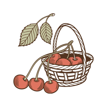Cherries in a basket with leaves illustrationのイラスト素材