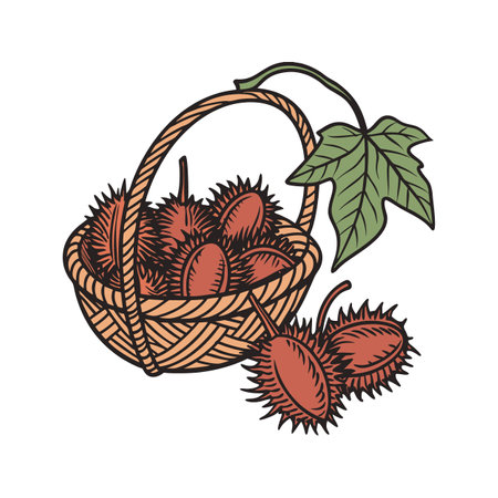 Annatto Seeds in Basket with Leaf - Illustrationのイラスト素材