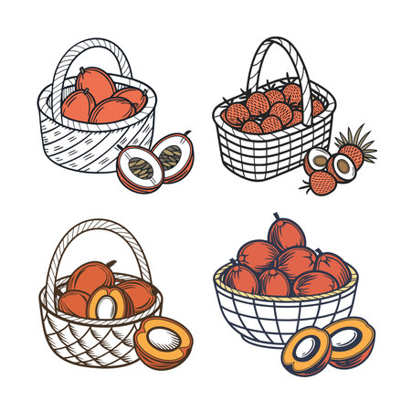 Mangoes in Basket with Sliced Mangoes Cartoon Drawingのイラスト素材