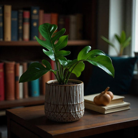 Rhaphidophora Tetrasperma Plant in Home Library Settingの写真素材