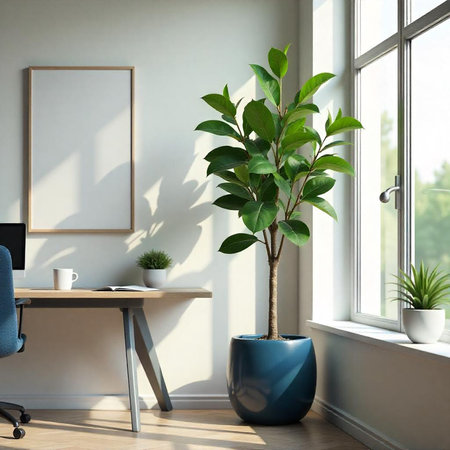 Interior of modern office with wooden walls, wooden floor, white computer table with chair and plant in pot. 3d renderingの写真素材