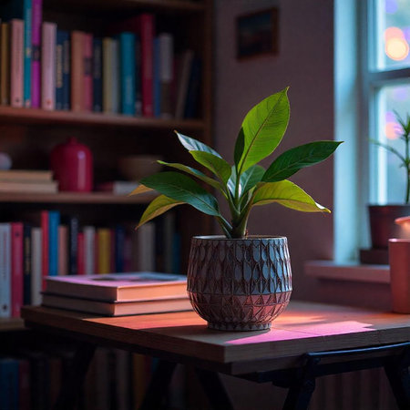 Peace Lily on Book Stack in Cozy Room