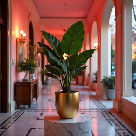 Elegant hallway featuring plant in gold pot centerpieceの写真素材