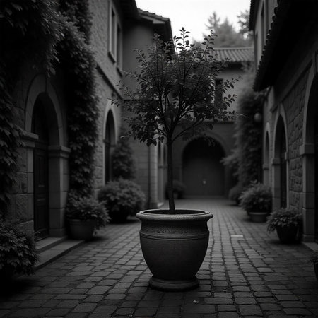 Monochrome tree in pot lining cobblestone alleywayの写真素材