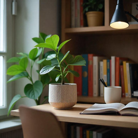 Study Space: Plant, Books, and Lamp on Deskの写真素材