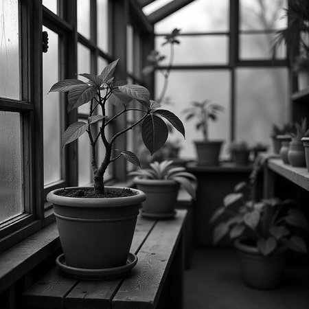 Monochrome Indoor Plants in Greenhouse, Tranquil and Sereneの写真素材