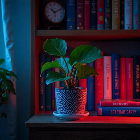 Indoor Potted Plant on Bookshelf in Dim Lightingの写真素材