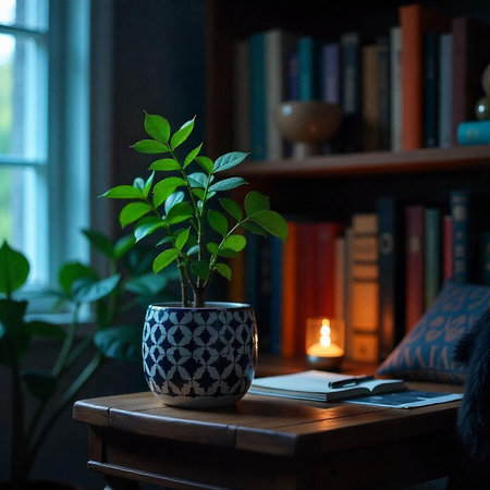 Cozy Home Decor: Plant, Bookshelf, Candlelight, and Relaxationの写真素材