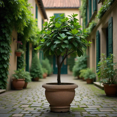 Elegant potted tree lining an Italian alleywayの写真素材