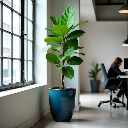 Office plant, ficus in blue pot by windowの写真素材