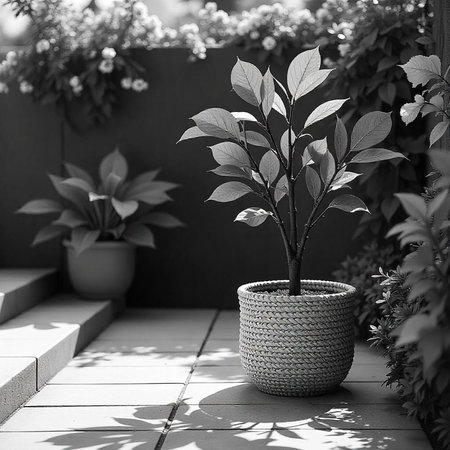 Monochrome Potted Plant Elegance in a Serene Garden Settingの写真素材