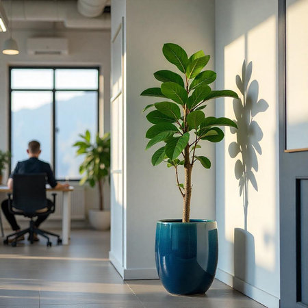 Plant in modern office setting with person workingの写真素材